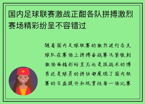 国内足球联赛激战正酣各队拼搏激烈赛场精彩纷呈不容错过