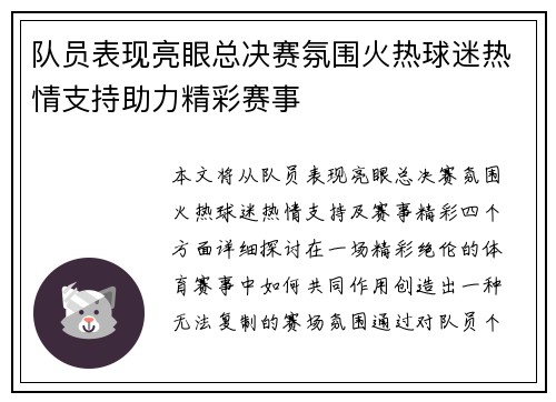队员表现亮眼总决赛氛围火热球迷热情支持助力精彩赛事
