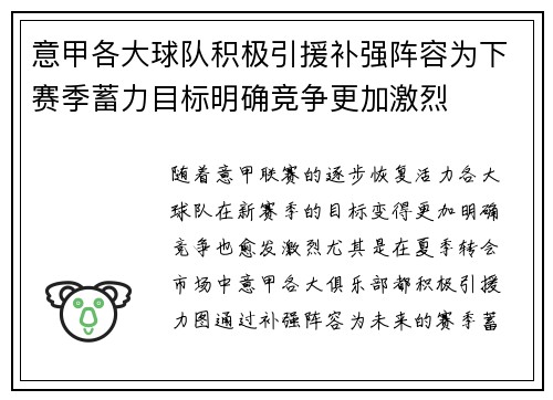 意甲各大球队积极引援补强阵容为下赛季蓄力目标明确竞争更加激烈
