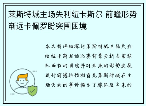 莱斯特城主场失利纽卡斯尔 前瞻形势渐远卡佩罗盼突围困境