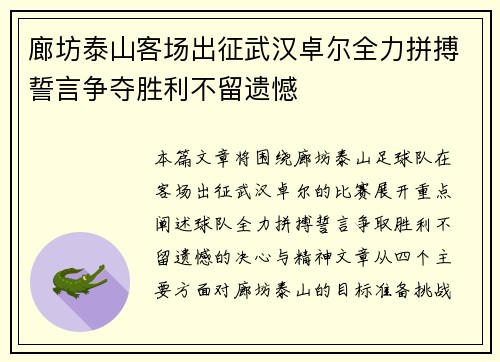 廊坊泰山客场出征武汉卓尔全力拼搏誓言争夺胜利不留遗憾