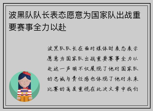 波黑队队长表态愿意为国家队出战重要赛事全力以赴